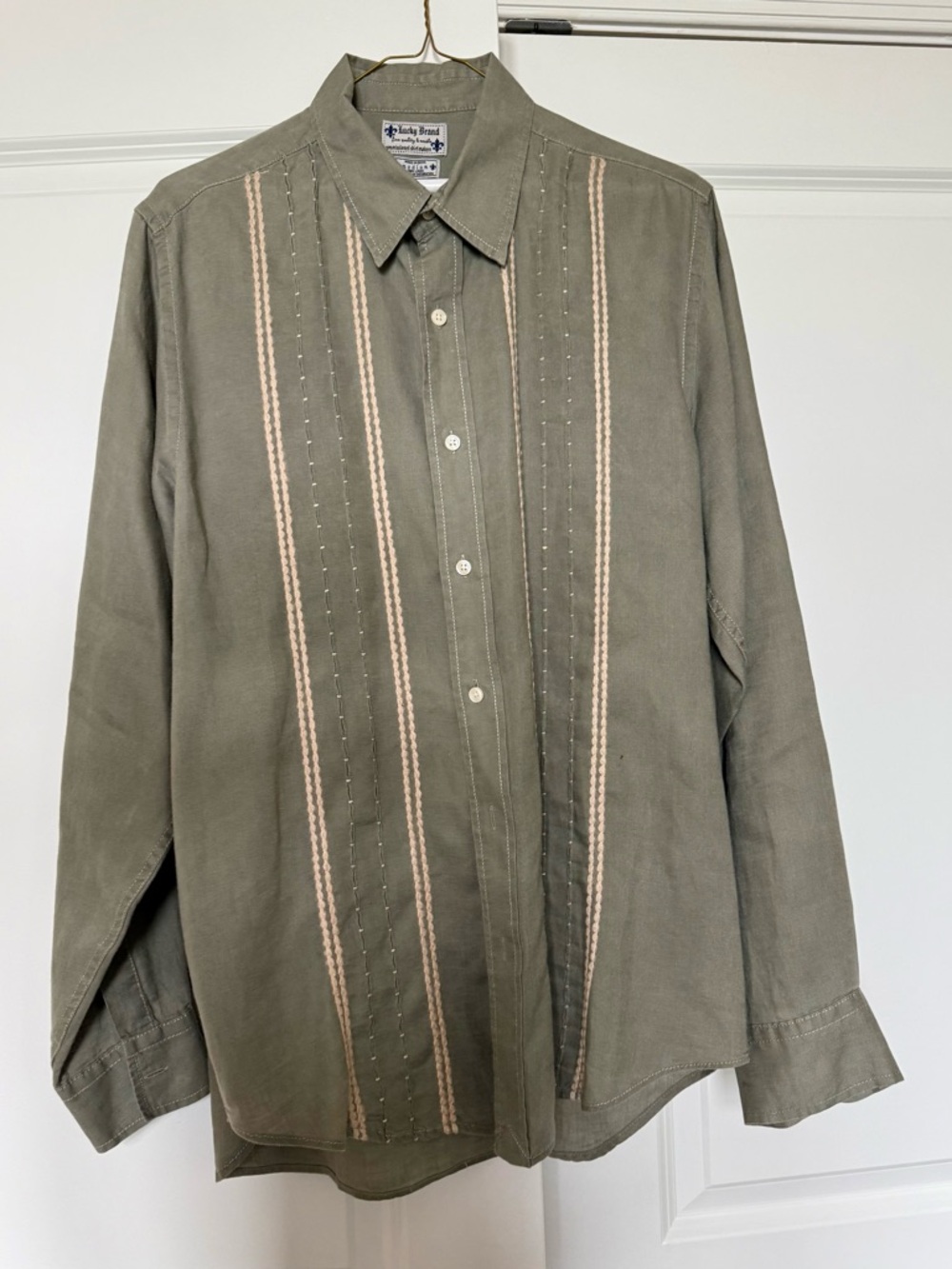 Lucky Brand Olive Green Linen Shirt with Cream Labels